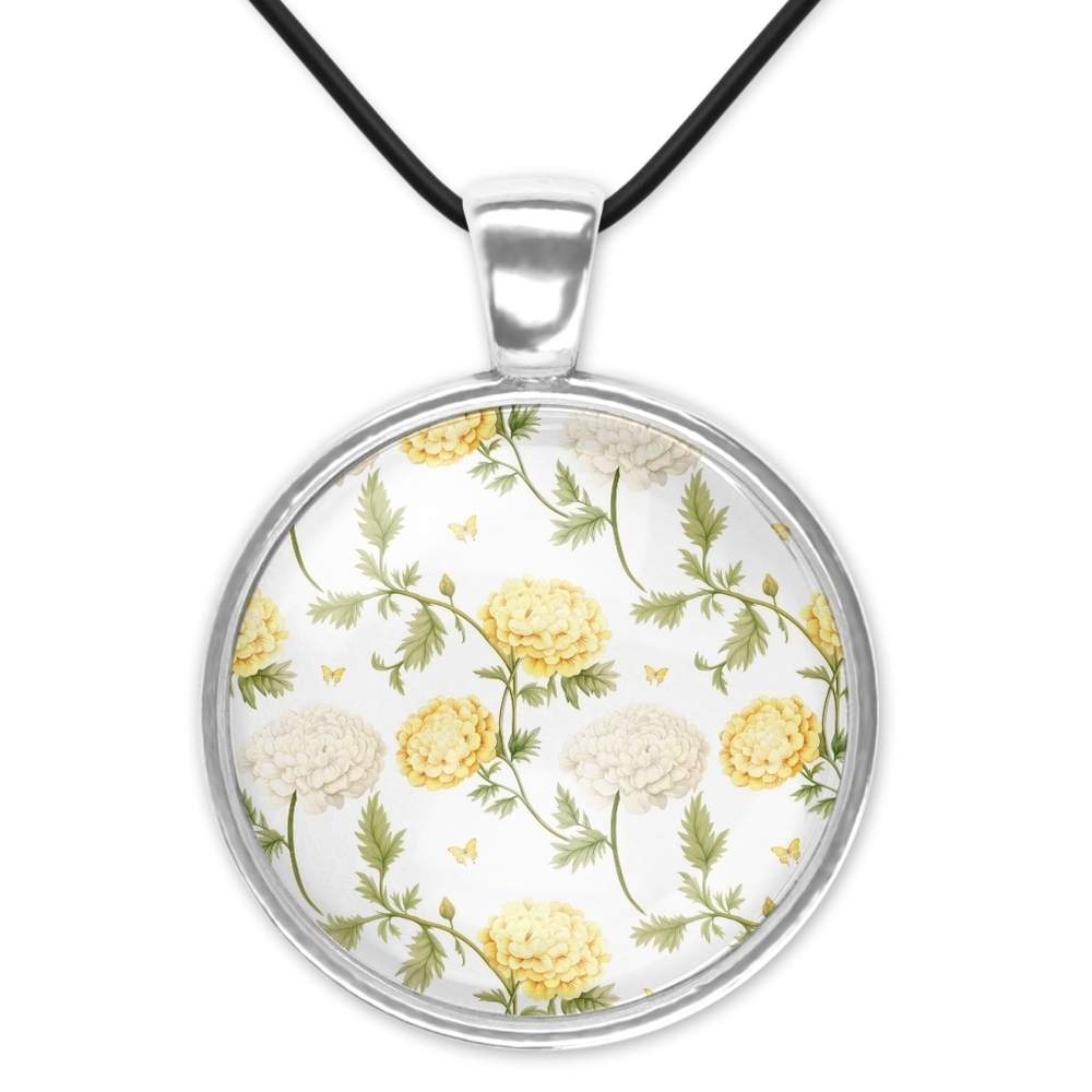 Floral Pendant Necklace in Yellow and White 1 Inch Pemdant